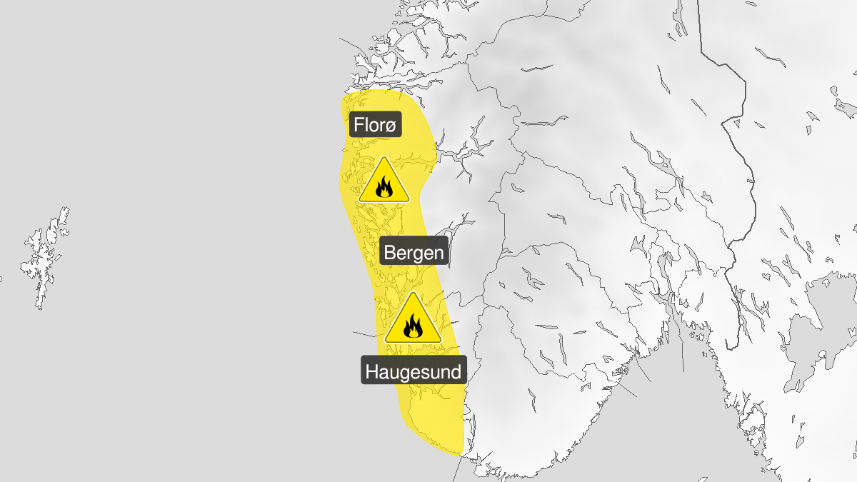 Kart over Skogbrannfare, gult nivå, Deler av Vestland og Rogaland, 2024-05-12T06:00:00+00:00, 2024-05-16T12:00:00+00:00