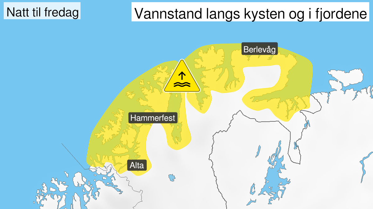 Kart over Høy vannstand, gult nivå, Kyst- og fjordstrøk i Vest-Finnmark, Kyst- og fjordstrøk i Øst-Finnmark, 2024-09-20T00:00:00+00:00, 2024-09-20T05:00:00+00:00