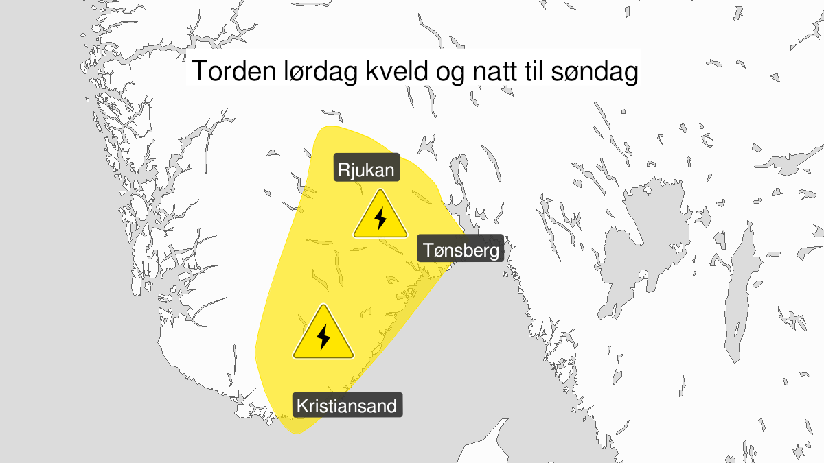 Map over Frequent lightning, yellow level, Sørlandet and parts of  Østlandet, 2024-05-25T18:00:00+00:00, 2024-05-26T03:00:00+00:00