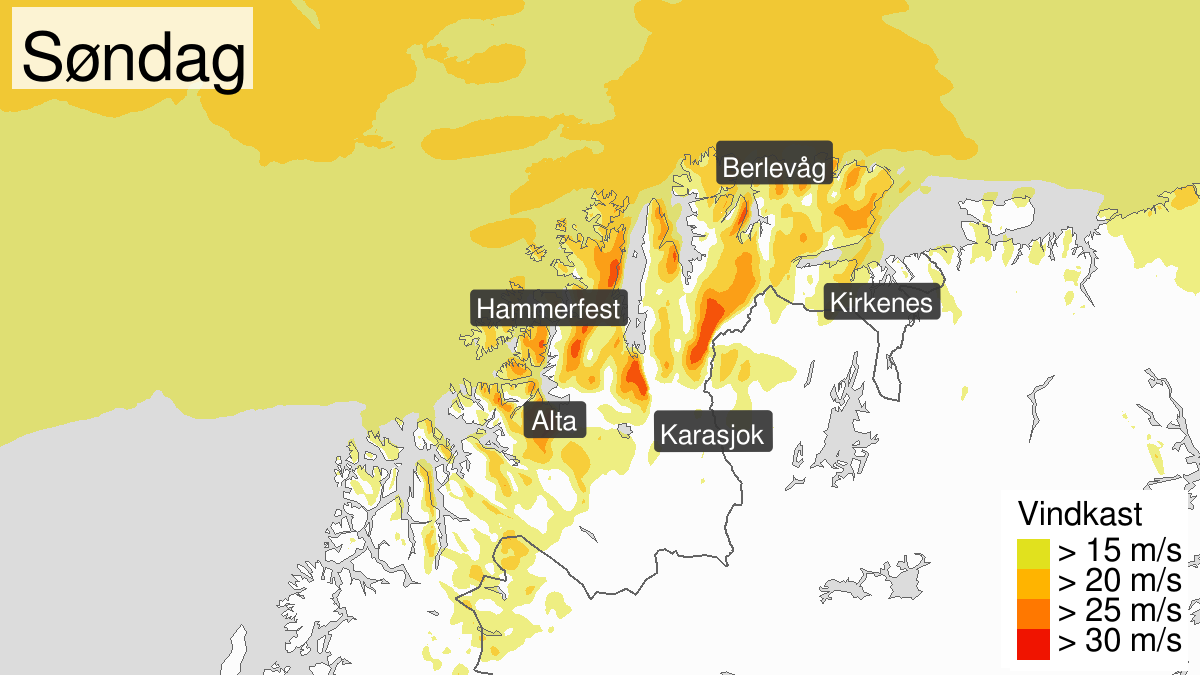 Kraftige vindkast, gult nivå, Kyst- og fjordstrøkene i Finnmark, 14 April 07:00 UTC til 15 April 15:00 UTC.