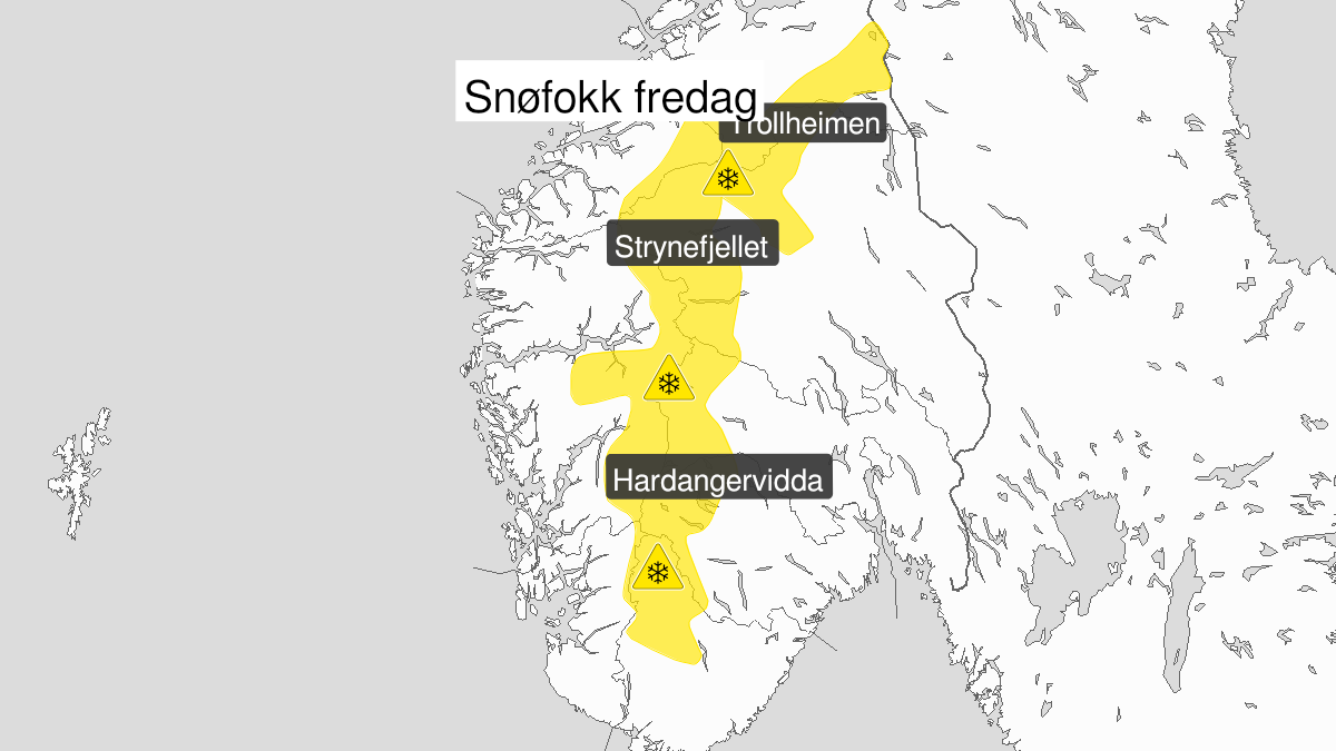 Map over Blowing snow ongoing, yellow level, Mountain areas in southern Norway, 2024-01-26T02:00:00+00:00, 2024-01-29T06:00:00+00:00