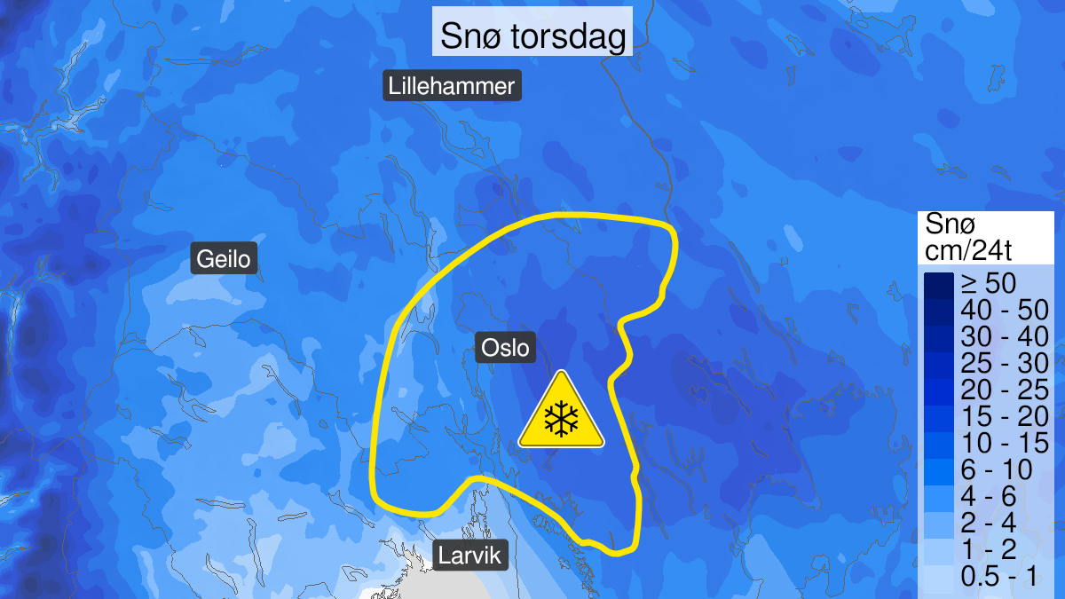 Kart over Snø, gult nivå, Deler av Østlandet, 2023-12-21T05:00:00+00:00, 2023-12-21T18:00:00+00:00