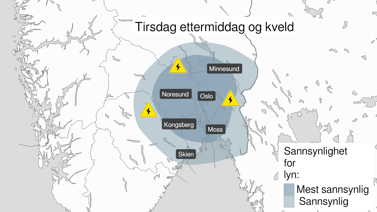 Map over Frequent lightning, yellow level, Parts of Østlandet, 2024-06-18T11:00:00+00:00, 2024-06-18T20:00:00+00:00