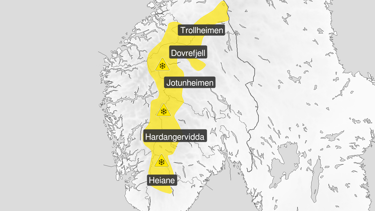 Kart over kraftig snøfokk, gult nivå, Fjellet i Sør-Norge, 19 January 03:00 UTC til 20 January 23:00 UTC.
