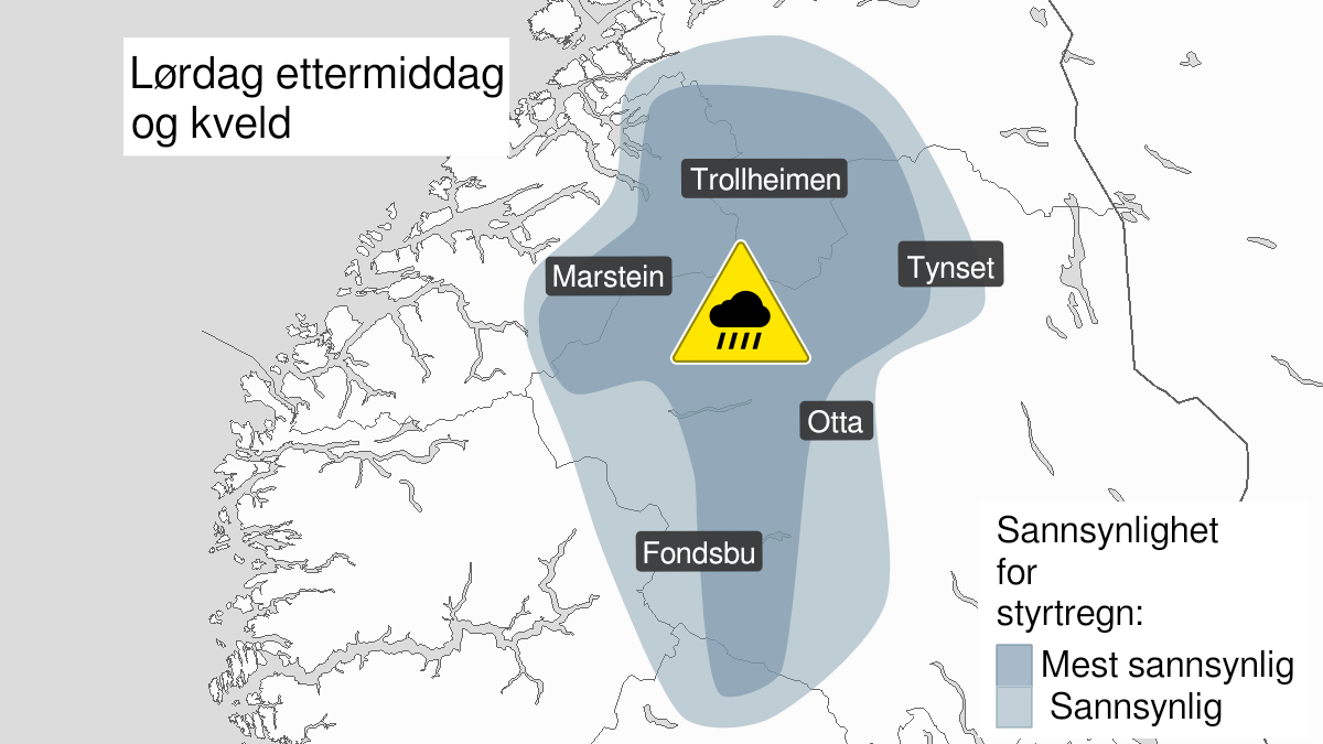 Map over Heavy rainshowers, yellow level, Northern parts of South Norway, 2024-08-03T13:00:00+00:00, 2024-08-03T20:00:00+00:00