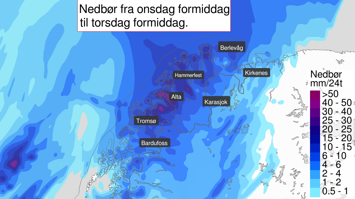 Mye snø, gult nivå, Troms og Finnmark, 08 May 00:00 UTC til 09 May 12:00 UTC.