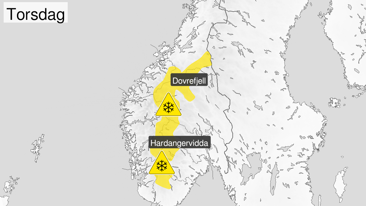 Kart over kraftig snøfokk, gult nivå, Fjellet i Sør-Norge, 19 November 00:00 UTC til 19 November 23:00 UTC.