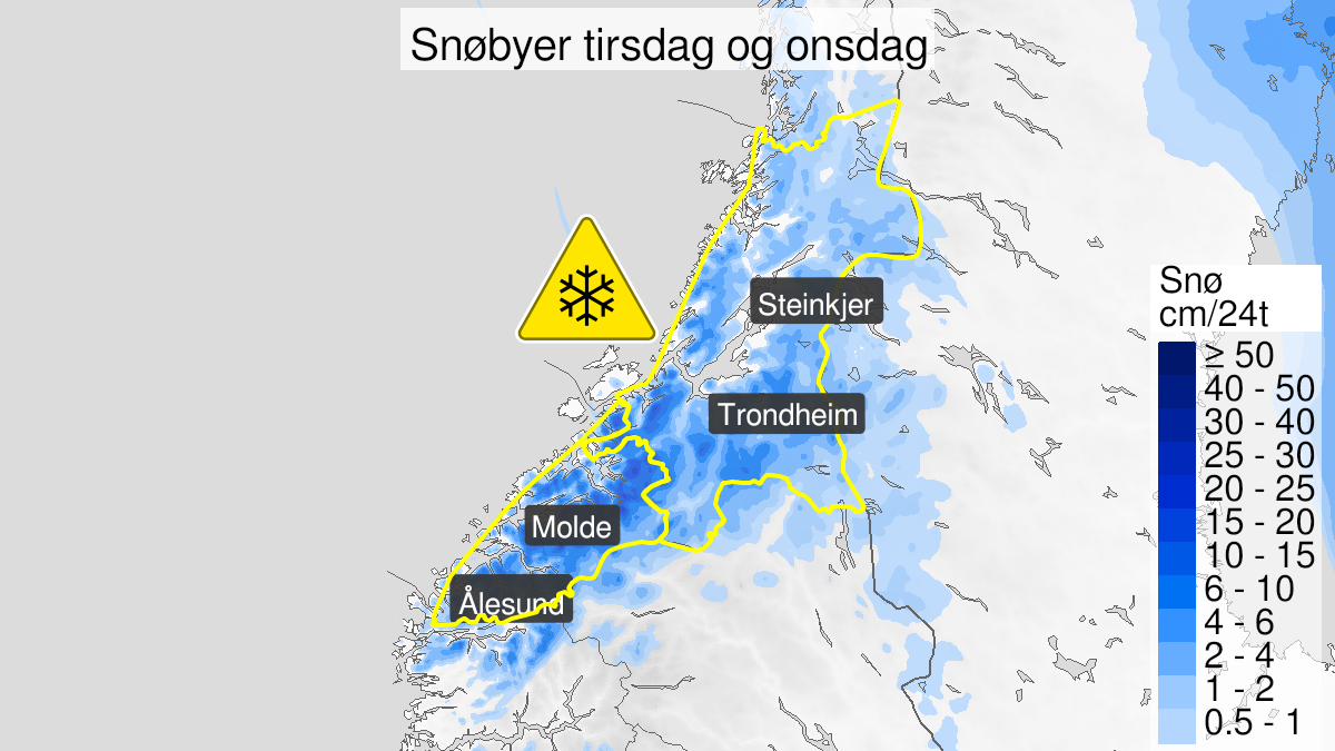 Kart over Snø, gult nivå, Deler av Trøndelag, 2024-04-23T00:00:00+00:00, 2024-04-24T09:00:00+00:00