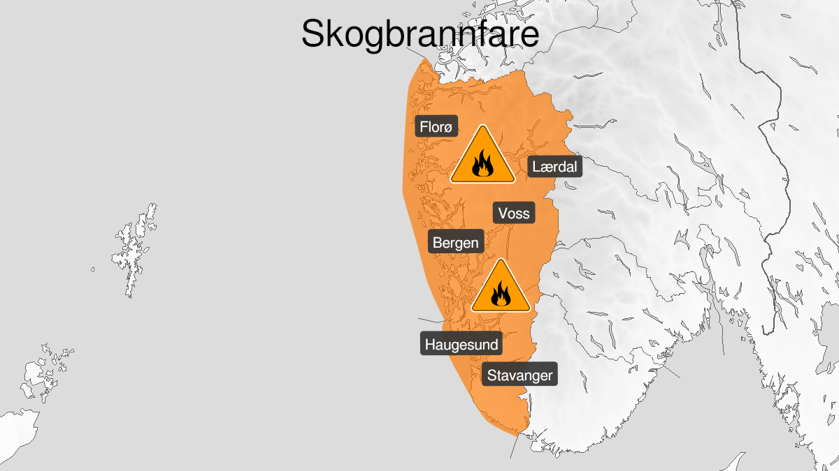 Kart over stor skogbrannfare, oransje nivå, Vestlandet sør for Stad, 25 April 07:00 UTC til 28 April 00:00 UTC.