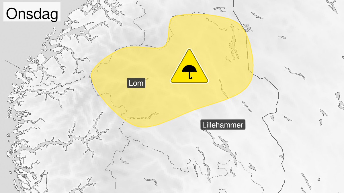 Map of heavy rain, yellow level, Innlandet fylke, 18 November 12:00 UTC to 18 November 23:00 UTC.