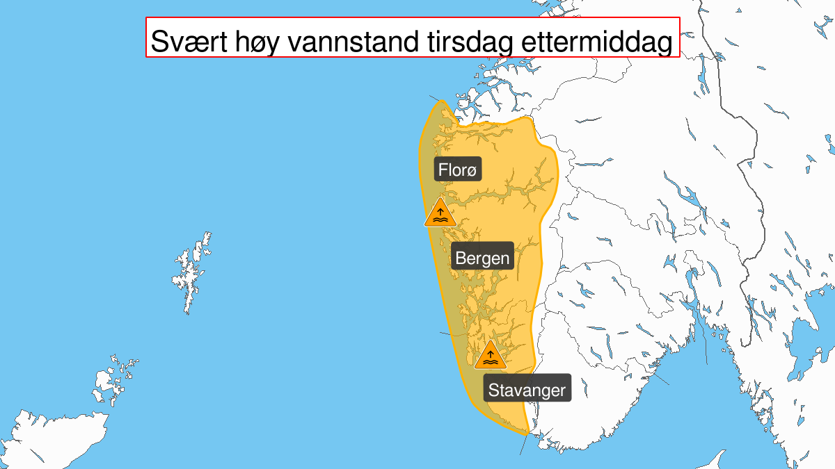 Ekstremværet Elsa: Svært høy vannstand, oransje nivå, Vestlandet sør for Stad, 11 February 10:00 UTC til 11 February 14:00 UTC.