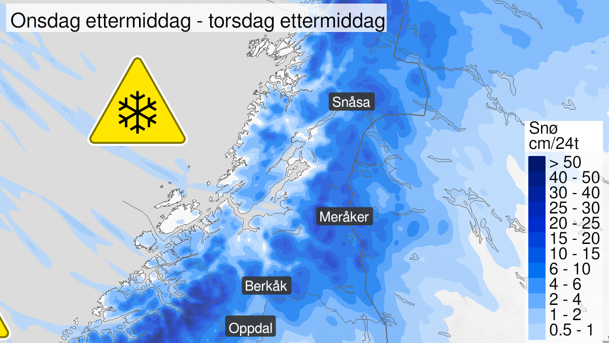 Map of snow, yellow level, Trøndelag, 23 December 14:00 UTC to 24 December 18:00 UTC.