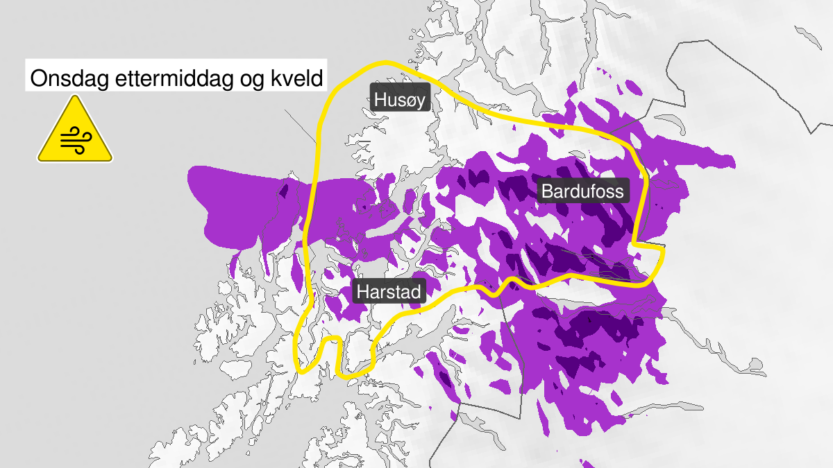 Map of strong wind gusts, yellow level, Sør-Troms, 08 April 10:00 UTC to 08 April 21:00 UTC.