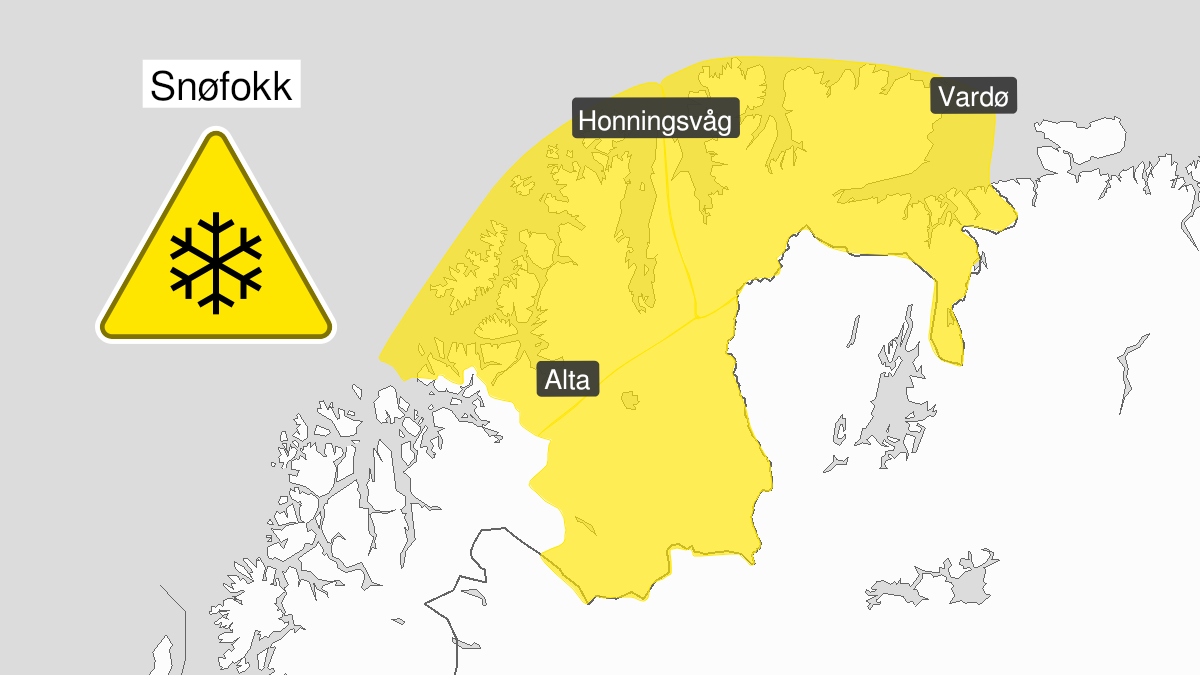 Map of blowing snow, yellow level, Kyst- and fjordstroekene i Finnmark, 22 January 06:00 UTC to 23 January 19:00 UTC.