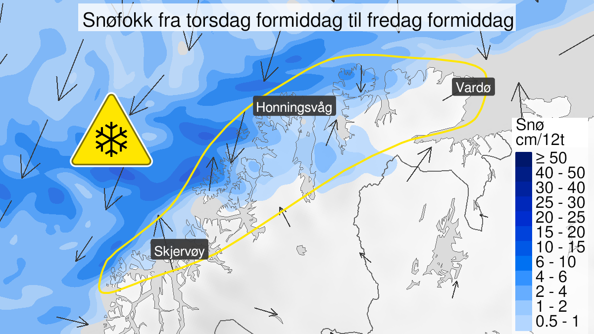 Map over Blowing snow ongoing, yellow level, Coastal and fjord areas in Finnmark and Northern Troms., 2023-03-23T08:00:00+00:00, 2023-03-24T10:00:00+00:00