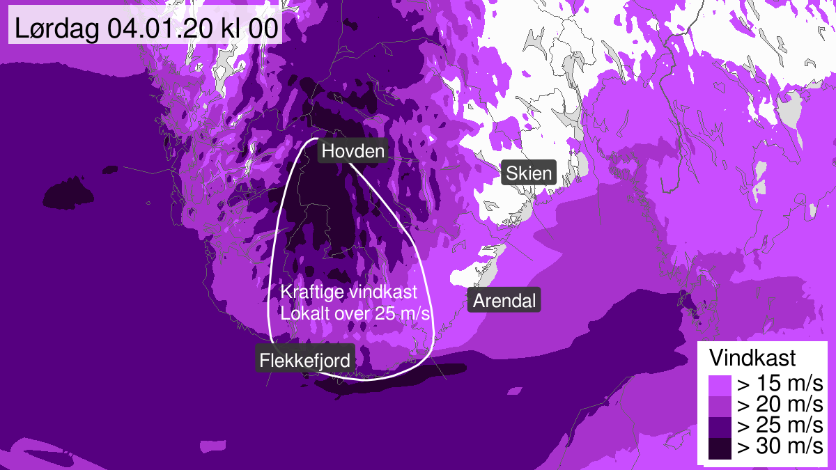 Kraftige vindkast, gult nivå, Agder, 03 January 19:00 UTC til 04 January 03:00 UTC.