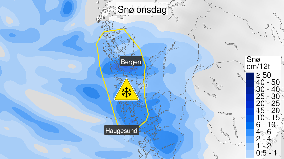 Kart over Snø, gult nivå, Deler av Hordaland og Rogaland, 2024-02-07T13:00:00+00:00, 2024-02-07T23:00:00+00:00