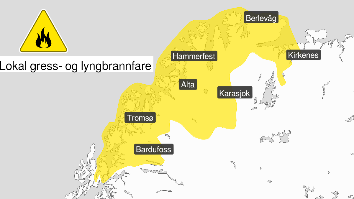 Map over Forest fire danger, yellow level, Finnmark and Troms, 2024-07-21T00:00:00+00:00, 2024-07-24T00:00:00+00:00