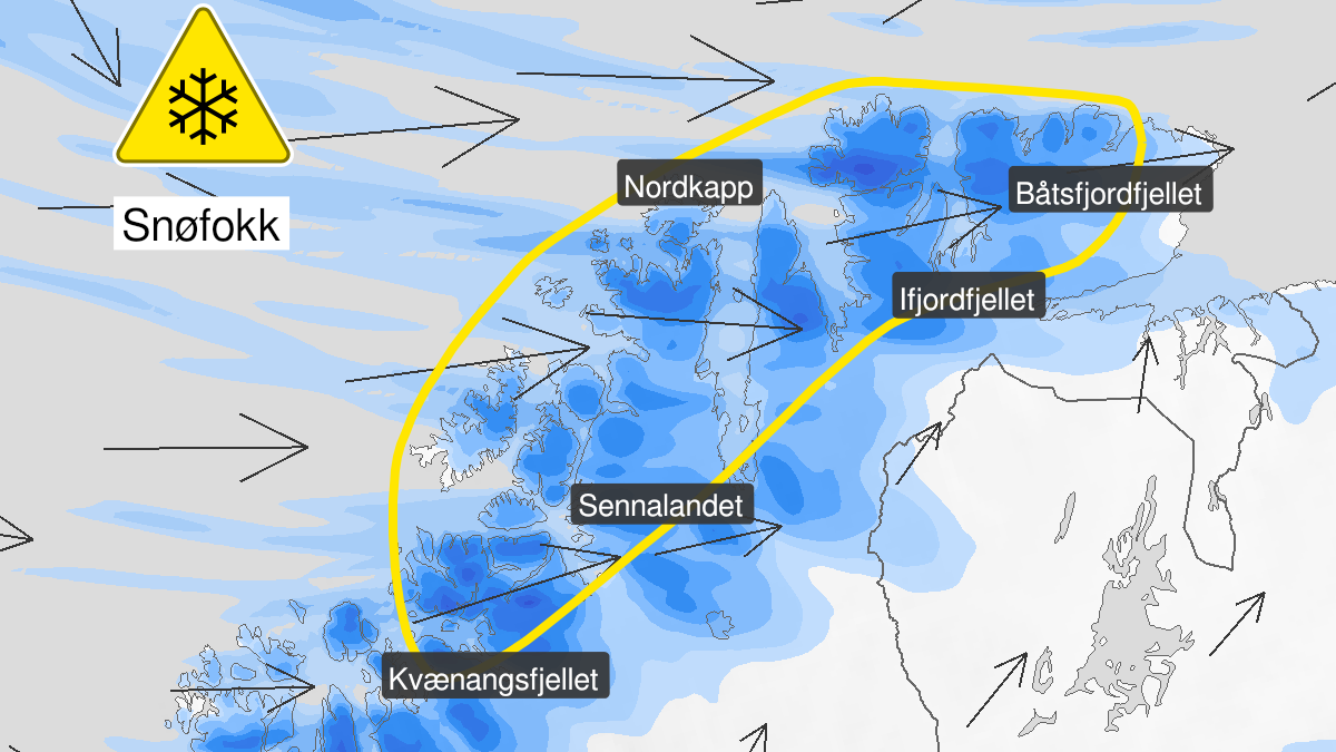 Map over Blowing snow, yellow level, Outer parts of Finnmark, 2023-12-18T00:00:00+00:00, 2023-12-18T18:00:00+00:00