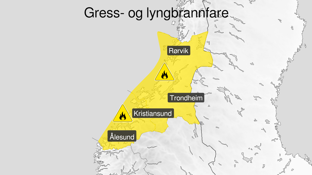 Kart over skogbrannfare ventes, gult nivå, Møre og Romsdal og Trøndelag, 24 April 00:00 UTC til 27 April 21:00 UTC.