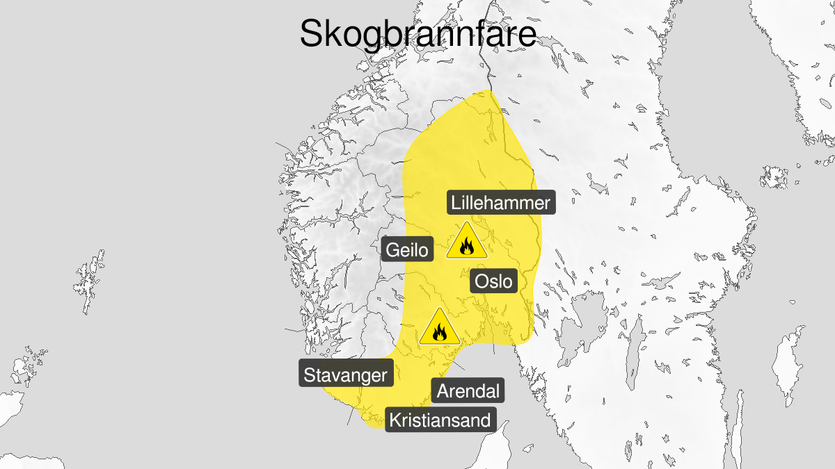 Map over Forest fire danger, yellow level, Eastern Norway, Agder and southern part of Rogaland, 2023-05-30T08:00:00+00:00, 2023-06-05T20:00:00+00:00