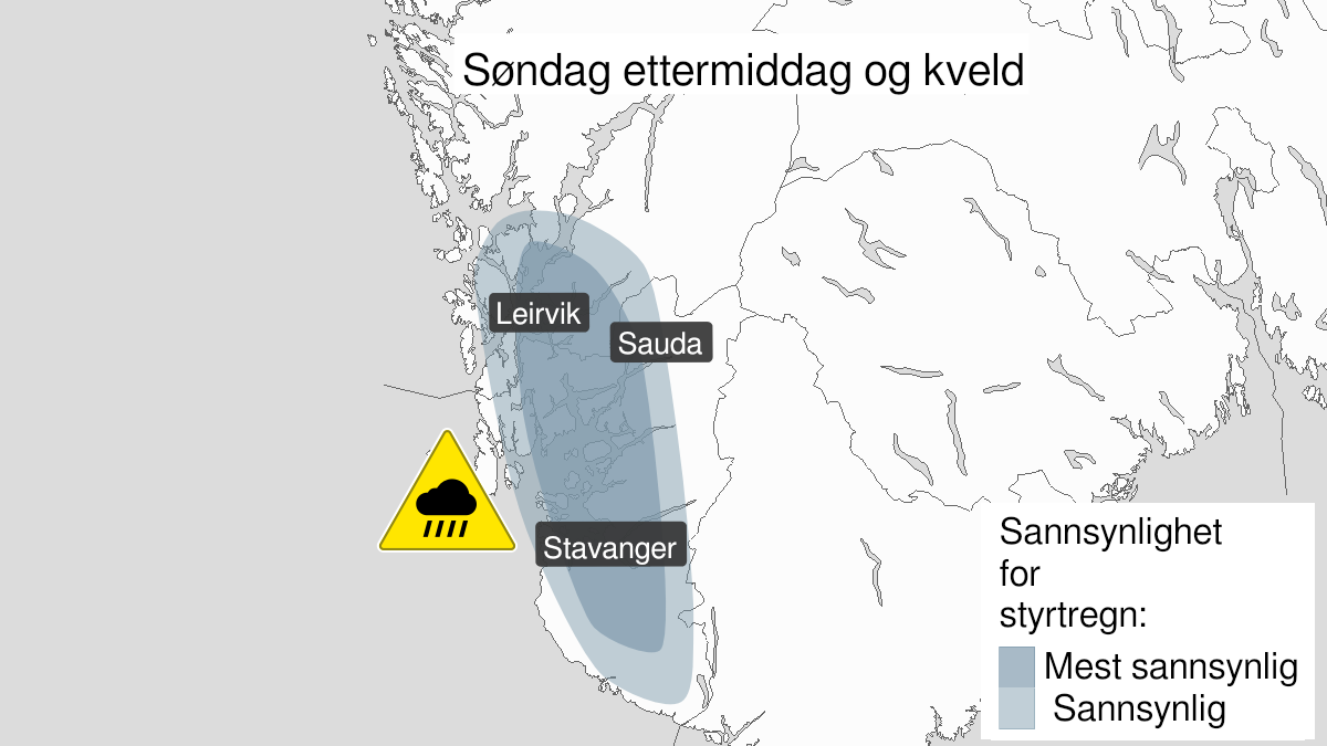 Map over Heavy rainshowers, yellow level, Parts of Rogaland and Sunnhordland, 2022-06-26T10:00:00+00:00, 2022-06-26T20:00:00+00:00