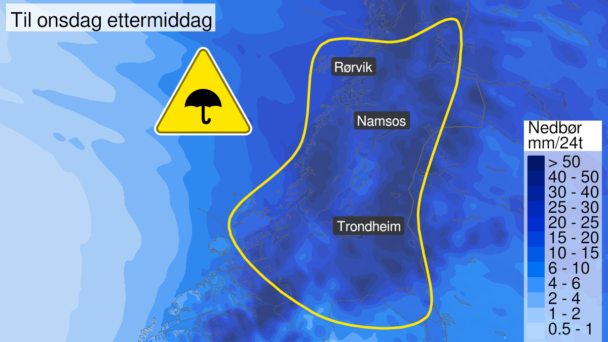 Map of heavy rain, yellow level, Troendelag, 24 August 10:00 UTC to 25 August 12:00 UTC.