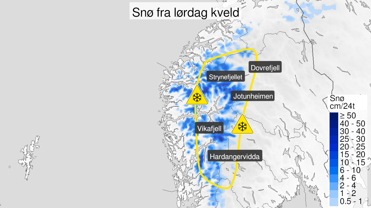 Map over Snow, yellow level, Parts og the Mountain areas in Southern Norway, Hordaland and Sogn and Fjordane, 2023-05-27T18:00:00+00:00, 2023-05-28T18:00:00+00:00