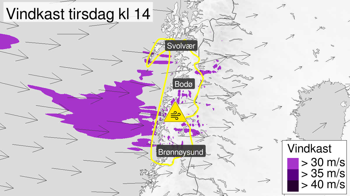 Kraftige vindkast, gult nivå, Helgeland, Saltfjellet, Salten og Lofoten, 21 January 05:00 UTC til 21 January 17:00 UTC.