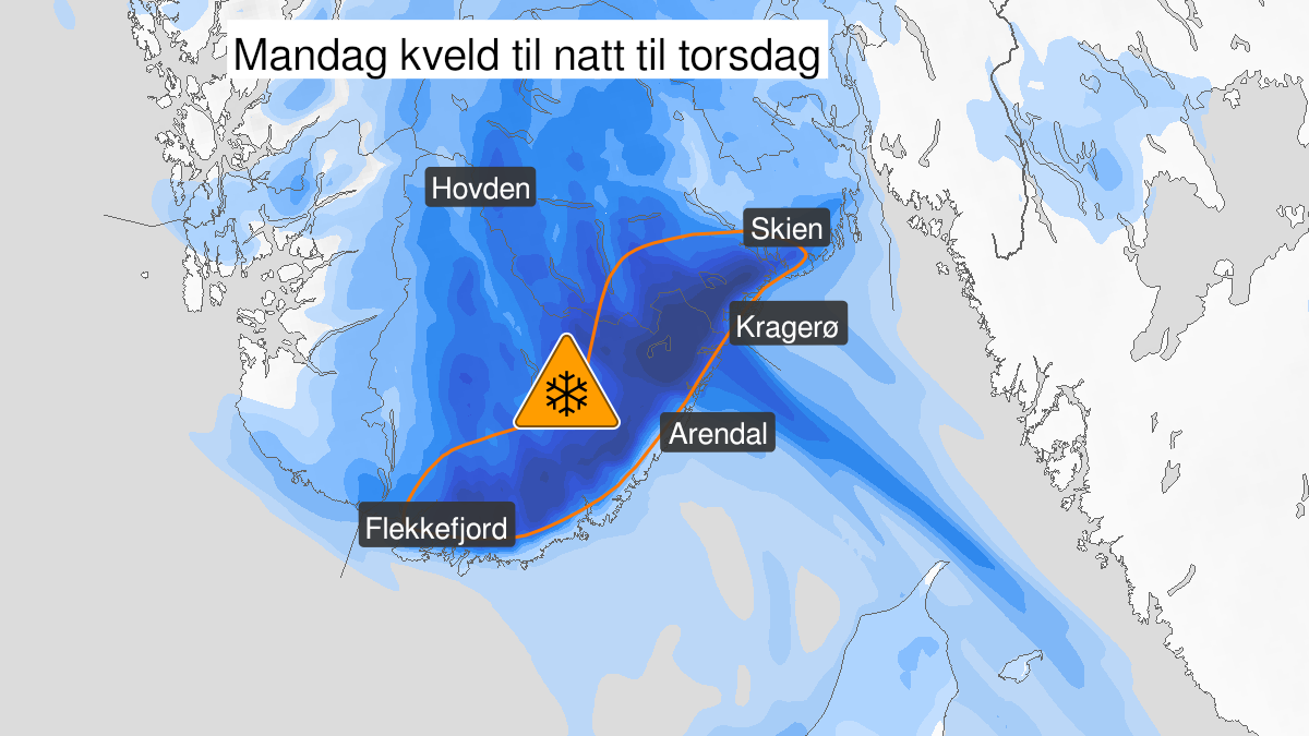 Kart over svært mye snø, oransje nivå, Telemark og Agder, 06 December 18:00 UTC til 09 December 03:00 UTC.