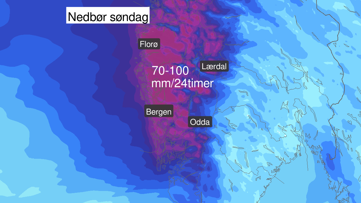 Heavy rain, yellow level, Hordaland and Sogn and Fjordane, 05 January 01:00 UTC to 06 January 01:00 UTC.
