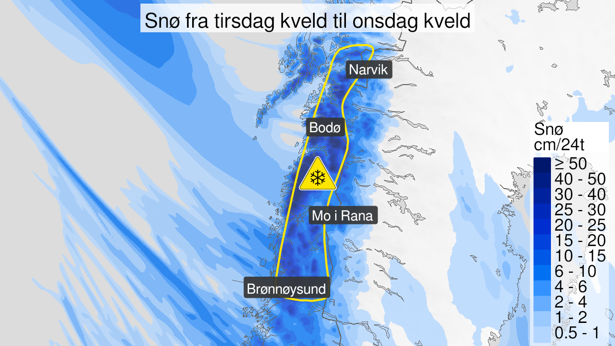 Map over Snow, yellow level, Parts of Nordland, 2023-12-26T18:00:00+00:00, 2023-12-27T18:00:00+00:00