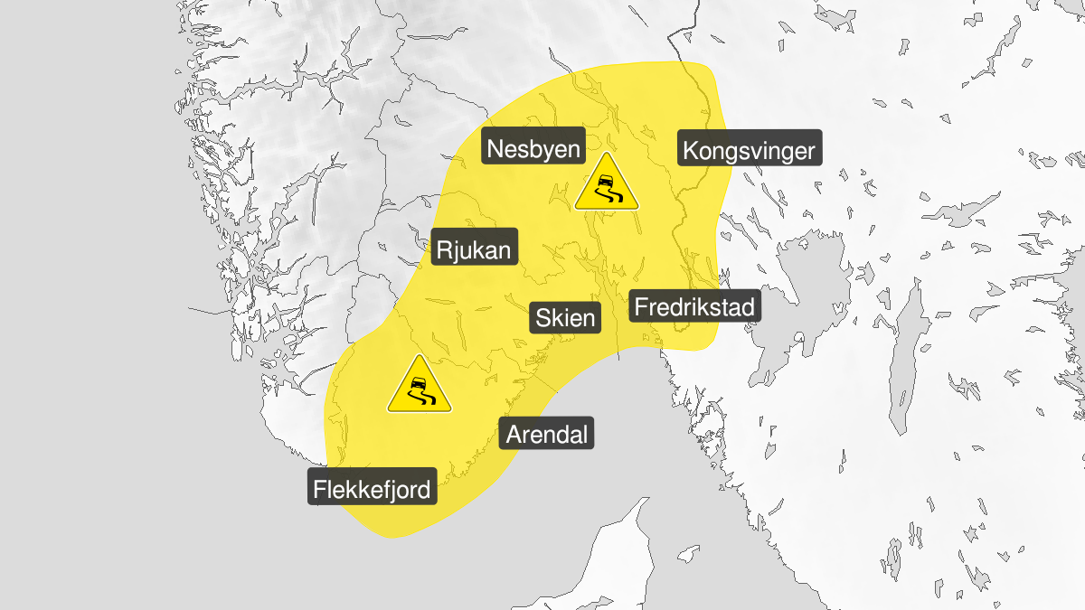 Kart over Is, gult nivå, Deler av Agder og Østlandet, 2024-01-21T23:00:00+00:00, 2024-01-22T12:00:00+00:00