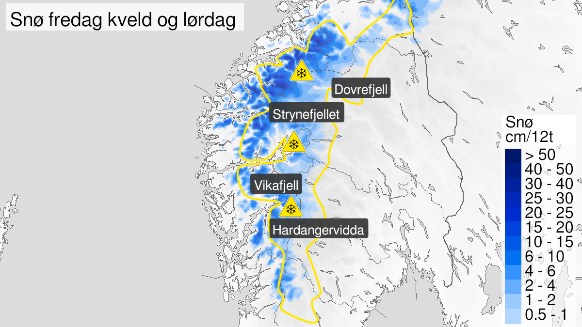 Kart over Snø, gult nivå, Fjellet i Sør-Norge, 2022-10-07T19:00:00+00:00, 2022-10-09T09:00:00+00:00