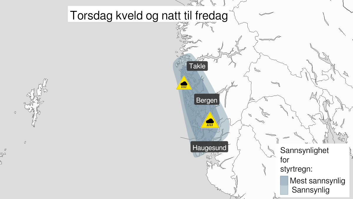 Map over Heavy rainshowers, yellow level, Parts of Vestlandet South of Stad, 2024-06-27T20:00:00+00:00, 2024-06-28T04:00:00+00:00