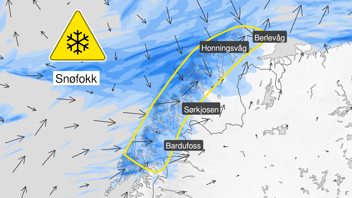 Map over Blowing snow, yellow level, Outer regions of Troms and West-Finnmark, 2024-01-06T15:00:00+00:00, 2024-01-07T00:00:00+00:00