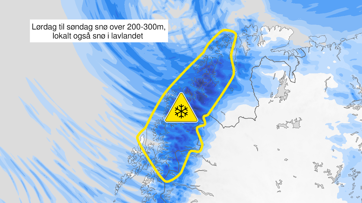 Kart over Snø, gult nivå, Deler av Nord-Norge, 2022-10-22T15:00:00+00:00, 2022-10-23T18:00:00+00:00
