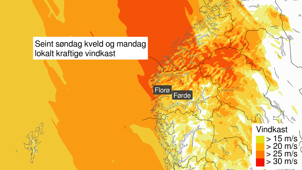 Strong wind gusts, yellow level, Sogn og Fjordane, 13 January 21:00 UTC to 14 January 09:00 UTC.