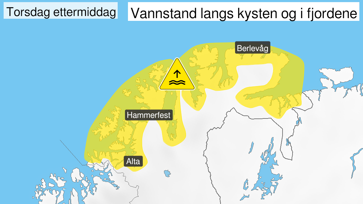 Kart over Høy vannstand, gult nivå, Kyst- og fjordstrøk i Vest-Finnmark, Kyst- og fjordstrøk i Øst-Finnmark, 2024-09-19T11:00:00+00:00, 2024-09-19T17:00:00+00:00