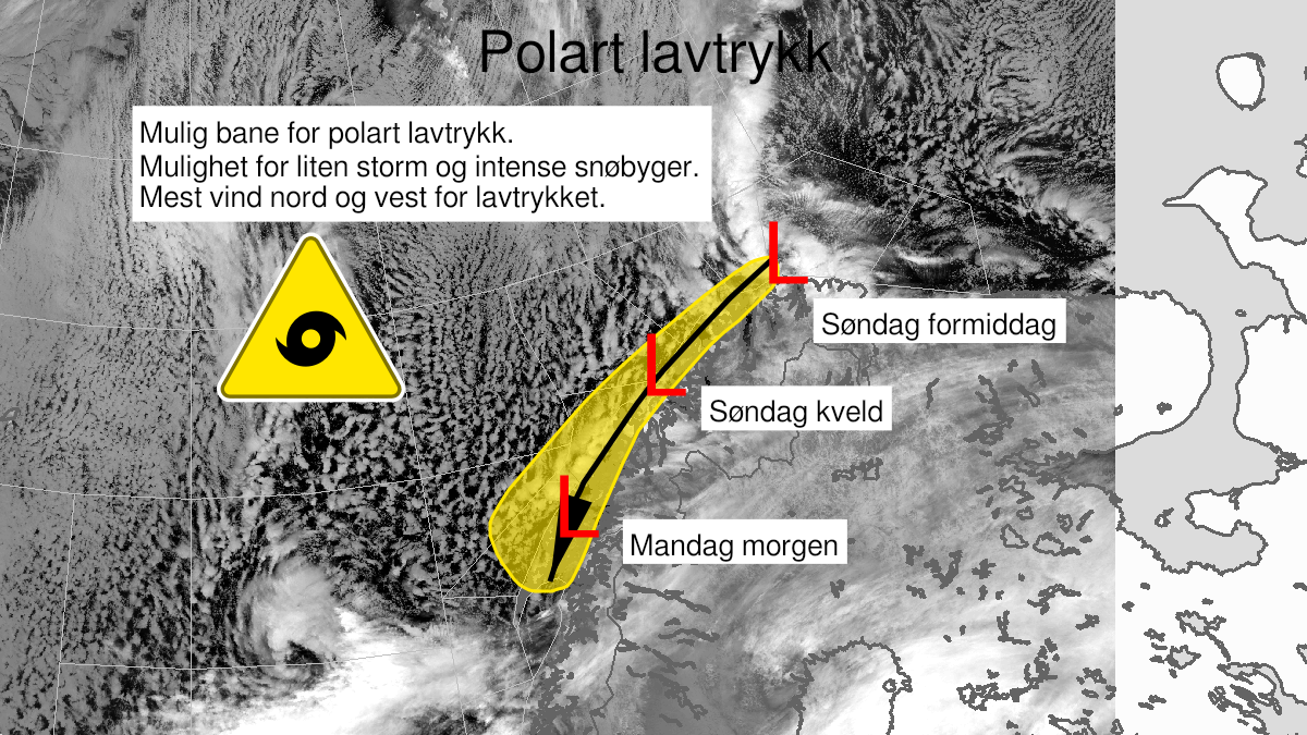 Map over Polar low, yellow level, Nordbank, Nordkappbank, Hjelmsoybank, Tromsoflaket, Banks outside Troms, Vesteraalsbanks, Parts of Finnmark, Parts of Troms, Parts of Vesteraalen, Parts of Lofoten., 2024-01-14T10:00:00+00:00, 2024-01-15T06:00:00+00:00
