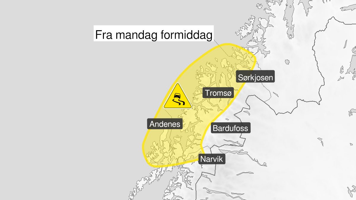 Map over Ice, yellow level, Parts of  Vesterålen, Ofoten and Troms, 2024-03-18T10:00:00+00:00, 2024-03-18T22:59:00+00:00