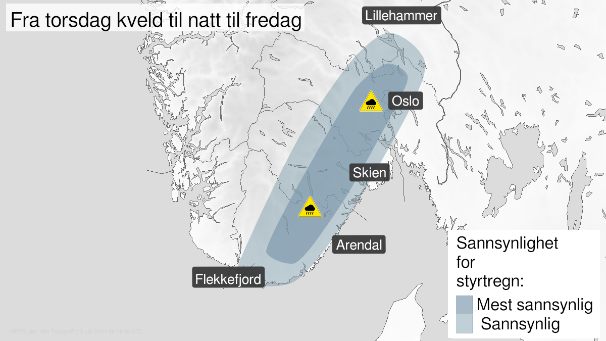 Map of heavy rainshowers, yellow level, Oslo, Akershus, Buskerud, Vestfold, Telemark and Agder, 17 June 19:00 UTC to 18 June 04:00 UTC.