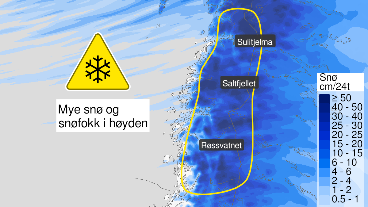 Kart over Snø, gult nivå, høyereliggende områder i Sør-Salten og Helgeland, 2023-12-16T06:00:00+00:00, 2023-12-17T16:00:00+00:00