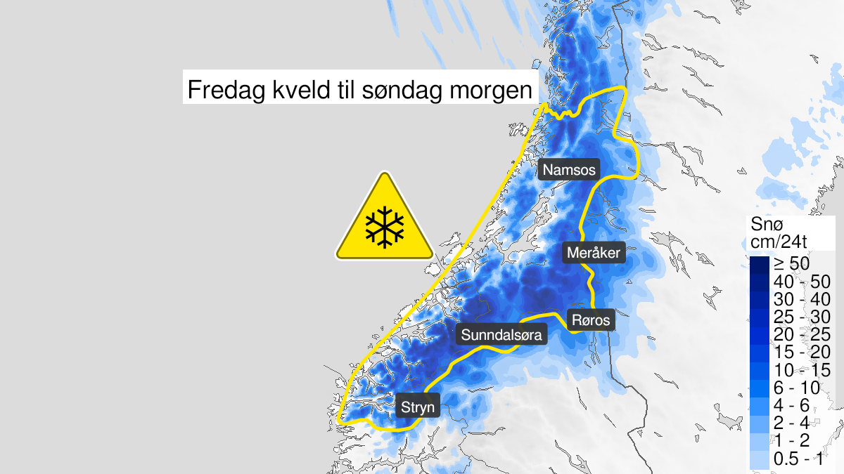 Kart over Snø pågår, gult nivå, Møre og Romsdal, Trøndelag og deler av Sogn og Fjordane, 2023-10-06T20:00:00+00:00, 2023-10-08T08:00:00+00:00