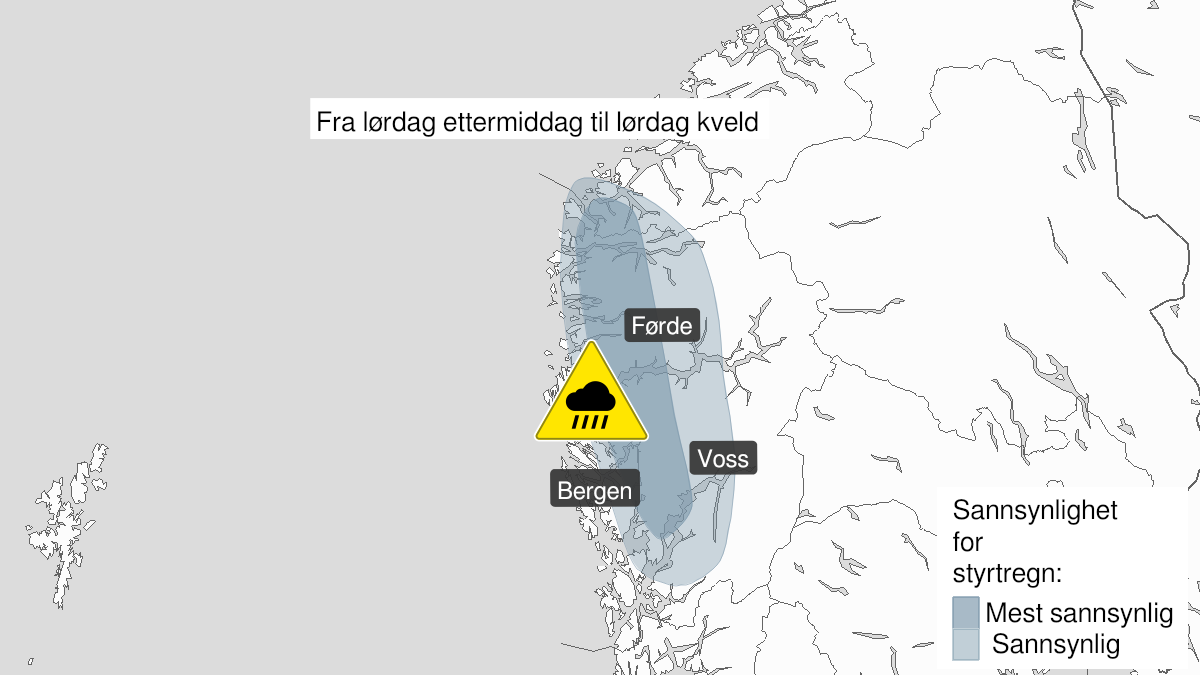 Map over Downgraded alert warning for rain flood, Parts of Vestland and Møre and Romsdal