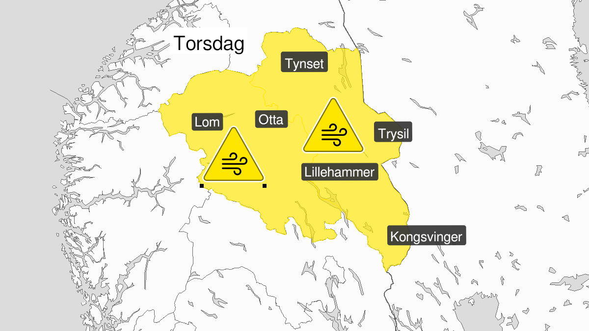 Map of strong wind gusts ongoing, yellow level, Innlandet fylke, 19 November 05:00 UTC to 19 November 21:00 UTC.