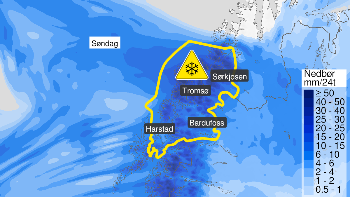 Map over Blowing snow, yellow level, Troms and parts of Finnmark, 2023-01-01T03:00:00+00:00, 2023-01-01T18:00:00+00:00