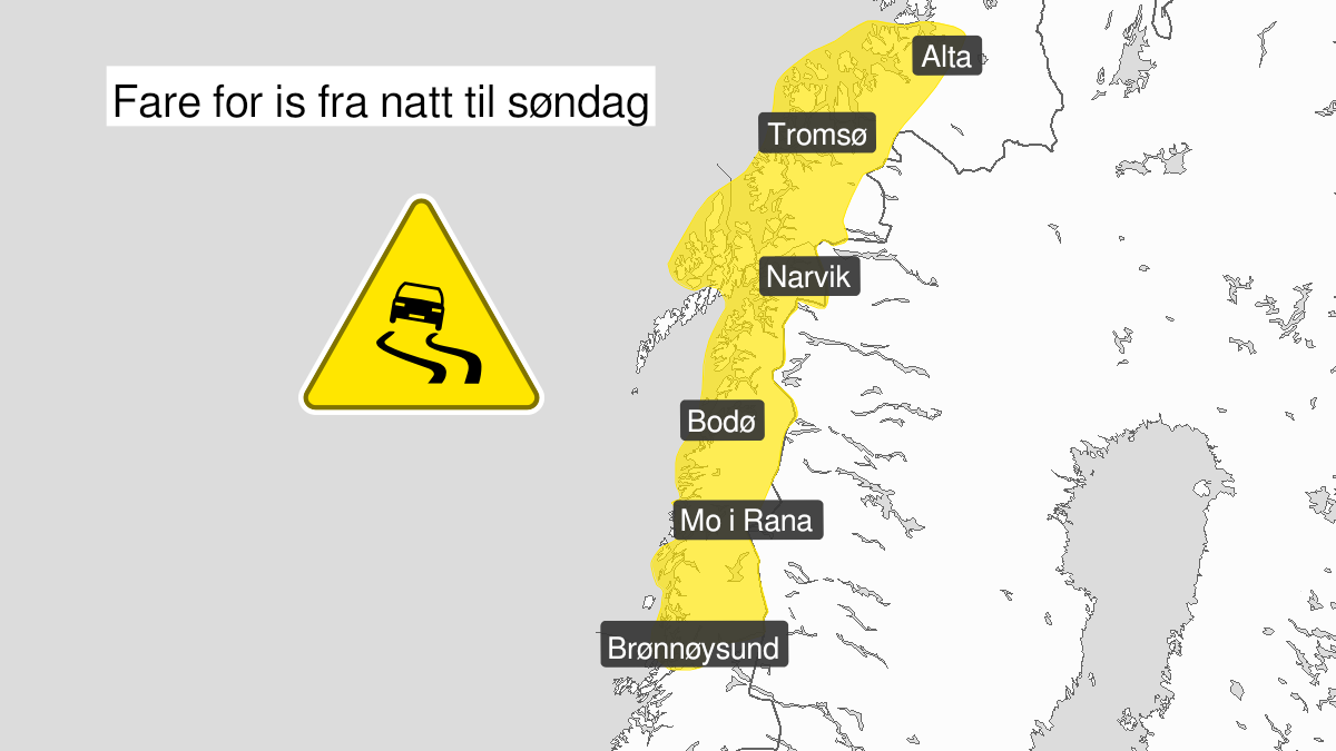 Kart over Is, gult nivå, Store deler av Nord-Norge, 2023-02-12T00:00:00+00:00, 2023-02-12T13:00:00+00:00