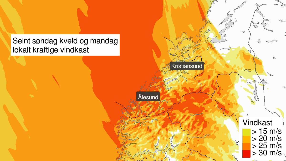 Strong wind gusts, yellow level, Møre og Romsdal, 13 January 20:00 UTC to 14 January 15:00 UTC.