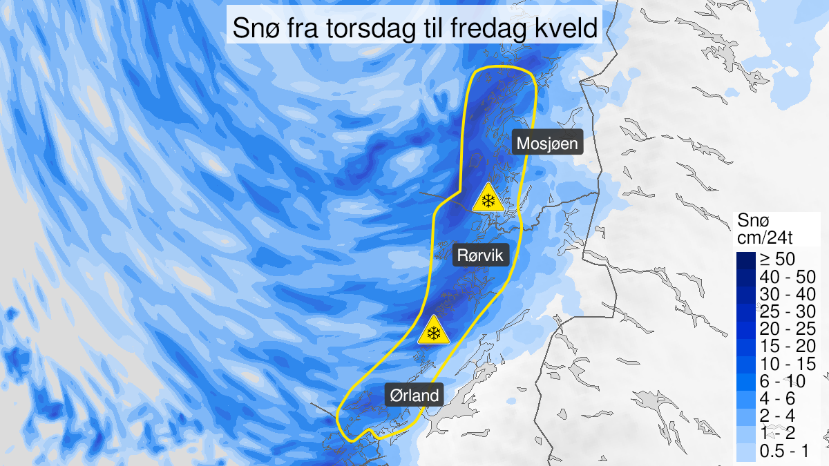 Kart over Snø, gult nivå, Deler av Trøndelag og Helgeland, 2024-02-08T09:00:00+00:00, 2024-02-09T18:00:00+00:00